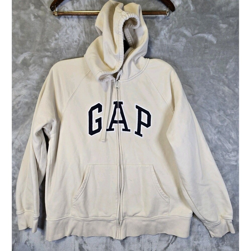 Gap Full Zip Hoodie Womens Large Ivory Off White Blue Logo Fleece Pockets *read